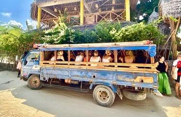 Tourists riding a traditional Zanzibar Daladala, the local bus used to travel to shamba, experiencing authentic village life
