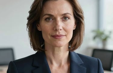 Professional headshot of a woman in her 40s wearing a smart navy blazer, soft natural lighting in a minimalist office setting, Northern European / Baltic / Estonian aesthetic.
