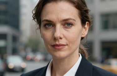 Professional headshot of a woman in business casual attire, soft focus on an urban office background, Northern European / Baltic / Estonian.