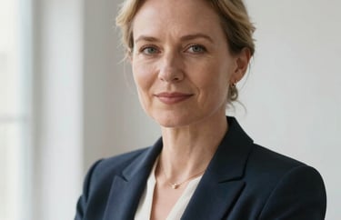 Professional headshot of a woman in business attire, clean minimalist background, natural light from a window, Northern European / Baltic / Estonian.