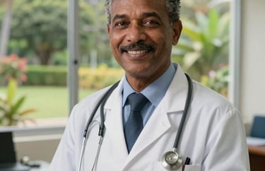 Portrait of a friendly medical doctor in a consultation room in Mauritius, with a window overlooking a peaceful garden. The doctor has a kind expression, exuding trust and professional expertise.