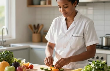 A professional nutritionist in a bright, clean kitchen setting in Mauritius, preparing fresh, vibrant local fruits and vegetables. The scene is lit with warm, natural sunlight, emphasizing health and care.