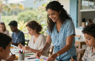A cheerful activities coordinator organizing a light arts and crafts session in a breezy, open-air terrace in Mauritius. The atmosphere is colorful yet calm, with soft blue and beige decor.