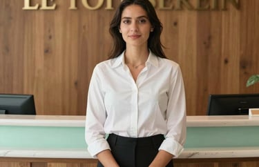 A serene management professional standing in the elegant reception area of LE TOIT SEREIN in Mauritius. The background shows soft wood textures and light green accents, looking warm and inviting.