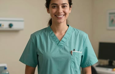 Portrait of a smiling professional nurse in clean attire standing in a well-lit medical office in Mauritius. The lighting is warm and reassuring, using a background of beige and muted teal colors.