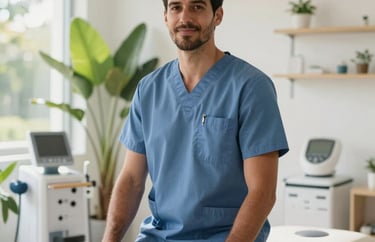 Portrait of a kind-looking male physical therapist in a bright, modern rehabilitation room in Mauritius. He is surrounded by light green plants and clean, elegant equipment, with soft morning light.
