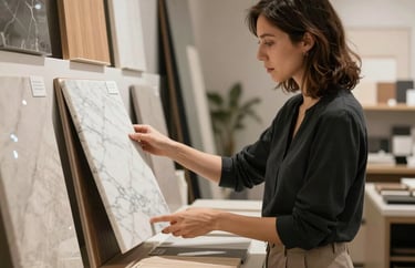 A professional interior designer in a stylish studio in Nîmes, looking at material samples like marble and wood, soft lighting, sophisticated atmosphere.