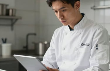 A kitchen technician examining a technical blueprint on a tablet in a modern kitchen setting, precision and expertise, soft natural lighting.