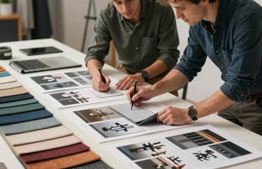 A team of two interior designers collaborating around a large table with fabric samples and 3D renders, creative and professional setting.