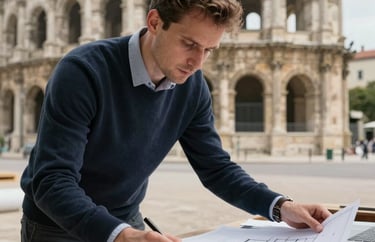 A project manager reviewing architectural plans on a site in Nîmes, professional atmosphere, focused on quality and detail.