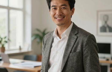 Portrait of a lead interior designer in a light-filled French office, wearing smart casual attire, professional and welcoming expression, blurred architectural background.