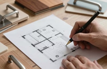 A close-up photo of hands sketching a kitchen layout on paper, surrounded by wood swatches and metal handles, artisan workshop feel.