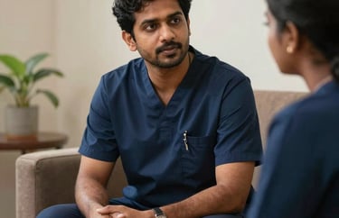 A professional therapist in a dark blue uniform talking gently to a person in a peaceful consulting room, South Asian / Tamil Nadu, India.