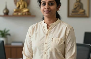 A professional portrait of a wellness coordinator in a light cream tunic standing in a bright, modern office with subtle spiritual decor, South Asian / Tamil Nadu, India.