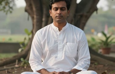 A serene portrait of a South Asian man in white meditation clothes sitting in a garden with banyan trees. Soft morning light, mystical atmosphere.