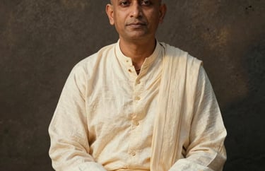 A portrait of a South Asian male spiritual guide in cream linen robes, sitting calmly against a textured dark wall. Soft golden hour lighting, peaceful expression.