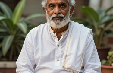 A portrait of a spiritual leader with a calm expression, wearing traditional white cotton attire, seated in a tranquil garden setting, South Asian / Tamil Nadu, India.