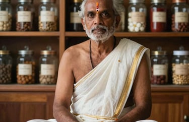 A photograph of a Siddha practitioner in a traditional clinic setting, surrounded by wooden shelves of glass jars, South Asian / Tamil Nadu, India.