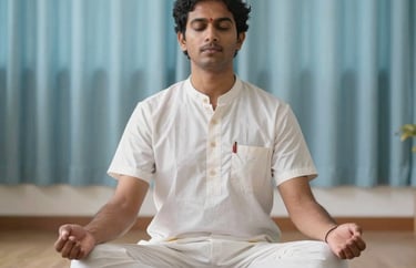 A portrait of a yoga therapist sitting in a lotus position in a bright studio with soft indigo curtains, South Asian / Tamil Nadu, India.