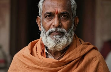 A professional portrait of a South Asian elder with a grey beard, wearing a saffron shawl. Focused and wise gaze, indoor temple lighting with deep shadows.
