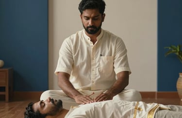 A photograph of a practitioner conducting a wellness session in a clean, minimalist room with navy blue accents and warm lighting, South Asian / Tamil Nadu, India.