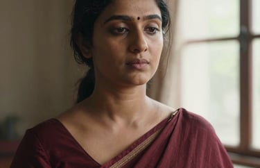 A portrait of a South Asian woman in her thirties, wearing a deep maroon sari, looking serene and enlightened. Natural, soft sunlight from a window, spiritual aura style.