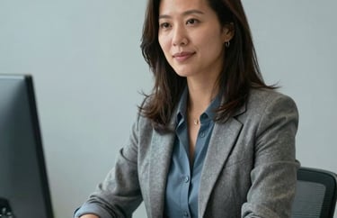 Professional portrait of a resume coach sitting at a desk with a light gray-blue background, focused and supportive expression, North American / US professional setting.