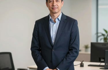 Portrait of an interview specialist in a sleek, minimalist office setting, professional lighting, steel blue and off-white tones, North American / US corporate environment.