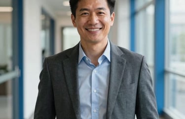 Professional portrait of a placement lead in business-casual attire, smiling confidently in a bright North American / US office hallway with steel blue architectural details.