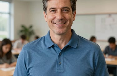A professional portrait of a man in his 50s with a warm, confident expression, wearing a steel blue polo shirt, shot in a bright, modern educational facility. North American / US style.