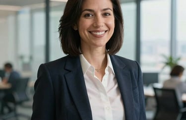 A portrait of a professional woman in business-casual attire, smiling in a modern office with glass walls, representing industry leadership. Soft natural lighting, North American / US office.