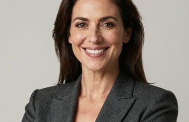 A professional portrait of a woman with a confident smile, wearing a dark slate blazer, set against a clean, neutral background. North American / US corporate style.