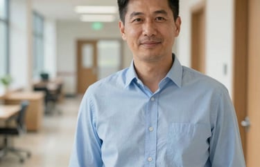 A professional portrait of a man in a light blue button-down shirt, standing in a brightly lit hallway of a modern vocational college. North American / US.