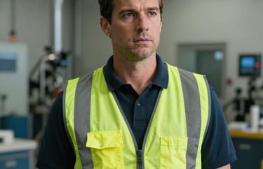 A professional portrait of a man in his late 30s wearing a high-visibility vest and a focused expression, standing in a large mechanical room. North American / US.