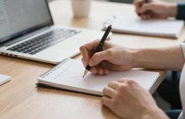 A close-up of hands taking notes on a notepad during a professional development seminar, a laptop nearby. Bright, professional lighting.