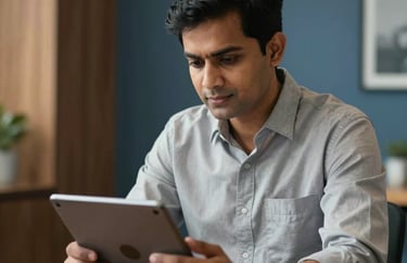 A South Asian man in a professional setting, looking thoughtfully at a tablet, wearing a light grey shirt, surrounded by warm wood and muted blue office decor.