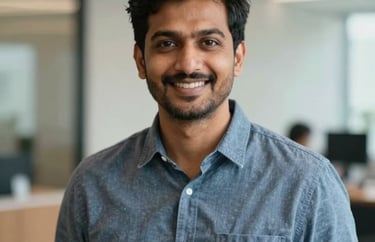 Professional portrait of a friendly South Asian man in business casual attire, smiling warmly against a soft-focus background of a modern office space, clean and professional lighting.