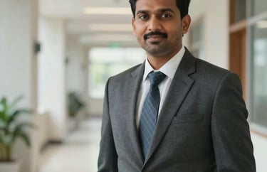 Professional portrait of a South Asian man in a dark grey suit, standing in a brightly lit corridor of a modern health foundation building, trustworthy and confident expression.
