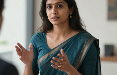 Candid shot of a South Asian professional woman gesturing during a thoughtful discussion, wearing an elegant dark teal sari, soft natural light, clean professional setting.