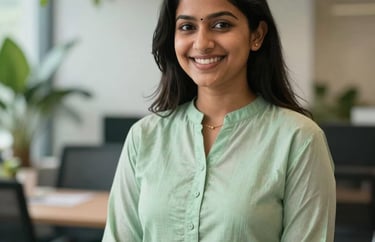 A young South Asian professional woman smiling warmly, wearing a pale green traditional kurta, in a modern office with biophilic design elements like indoor plants.