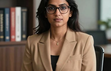 Professional portrait of a South Asian woman with glasses wearing a sophisticated tan blazer, sitting in a modern office with books on mental health visible behind her.