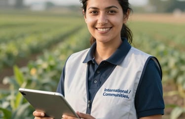 A portrait of a smiling female agricultural specialist in a field, holding a tablet and wearing a professional vest, International / Diverse Communities.