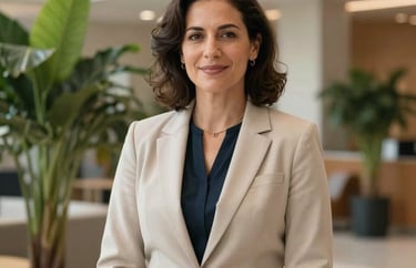 A professional portrait of a female foundation leader standing in a bright lobby with green plants in the background, warm and inviting atmosphere, International / Diverse Communities.