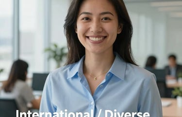 A portrait of a professional social worker in a light blue shirt smiling warmly in a bright, modern office space with large windows, professional photography, International / Diverse Communities.