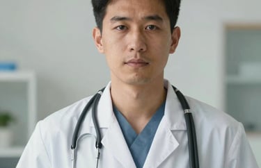 A portrait of a male medical professional with a stethoscope, looking focused and compassionate, in a clean community clinic setting, International / Diverse Communities.