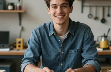 A portrait of a young entrepreneur in a workshop setting, smiling confidently while working with tools, representing economic empowerment, International / Diverse Communities.