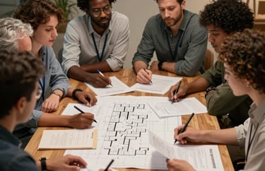 A group of diverse professionals sitting around a wooden table in a collaborative meeting, looking at blueprints and documents, warm indoor lighting, International / Diverse Communities.