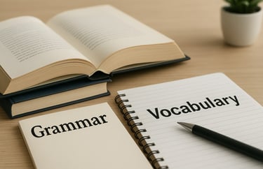 Two notepads labelled grammar and vocabulary to represent improving English