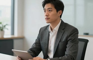 A professional photograph of a North American man in a charcoal suit, sitting at a conference table in a bright modern office.