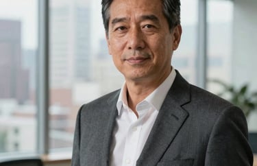 A professional headshot of a mature North American man in a dark slate gray suit, standing in a modern office with large windows overlooking a city.
